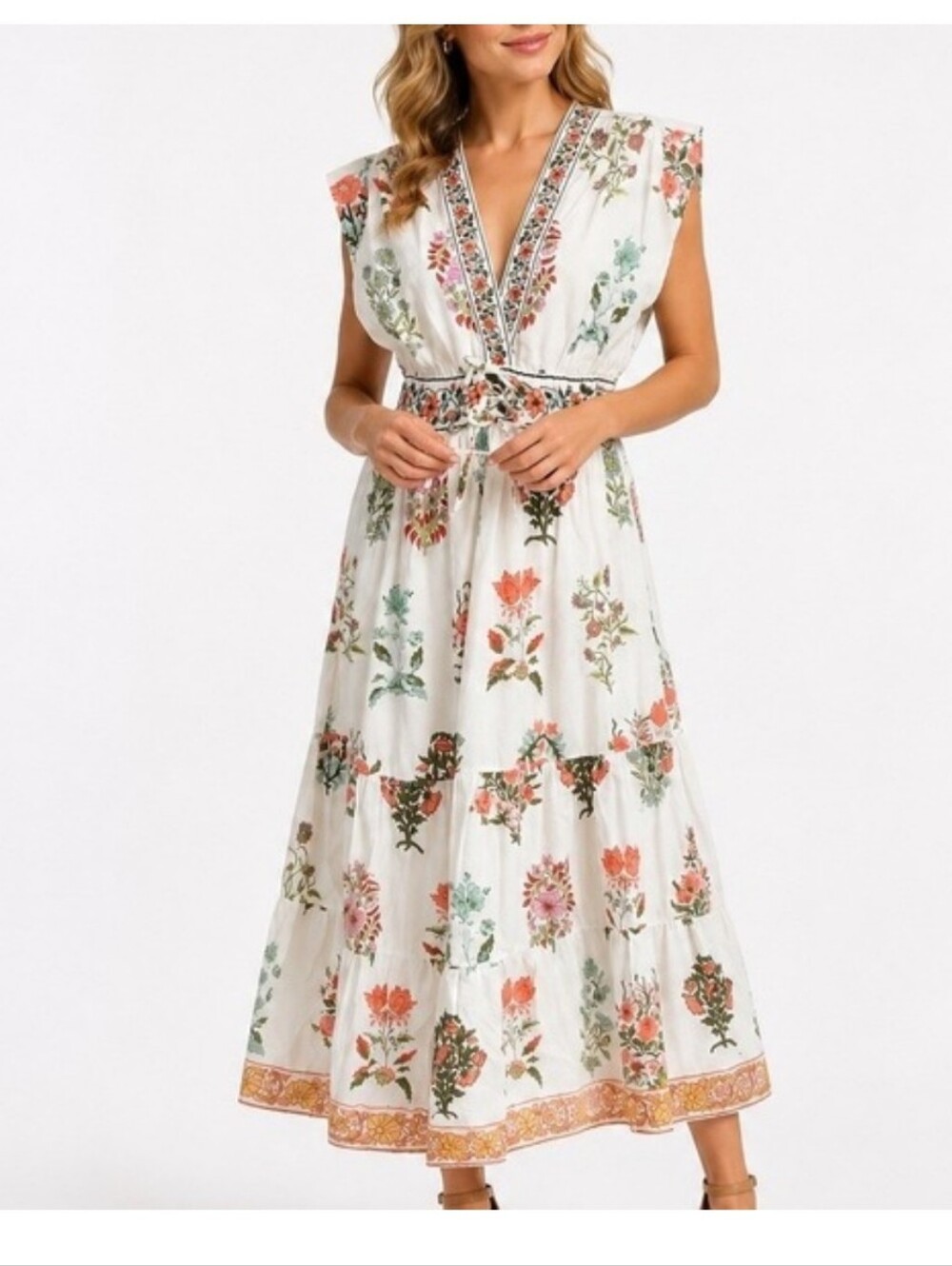 CeCe Maxi Floral Block Print Tiered White Dress with Pink, Green & Yellow Sz. M - Picture 16 of 16